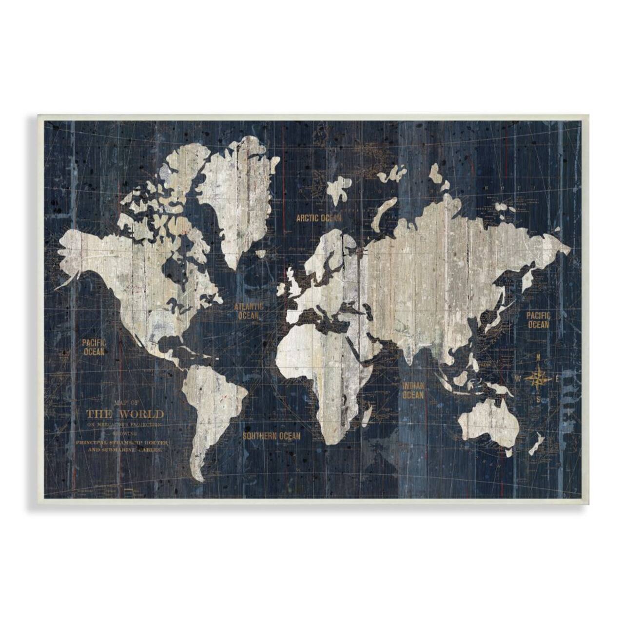 Stupell Industries Distressed Antique World Map Rustic Aesthetic Wood Wall Plaque
